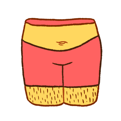emoji yellow hips. they are thin. they have a pink segment at the top of the hips, dark brown leg hair, and wears pink shorts.